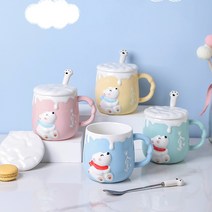 [행운이네] 파스텔 북극곰 세라믹 도자기 머그컵 귀여운 입체 곰돌이 캐릭터 420ml 대용량 커플, 옐로우, 1개