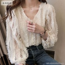 브이넥 퍼프소매 레이스 깃털 블라우스