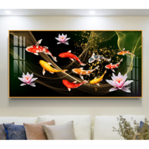 연꽃을 품은 비단 잉어 구어도 보석십자수 대형 사이즈 연못 풍경 diy 키트, 100X50CM