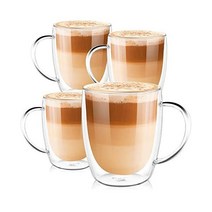 PunPun 커피 컵 투명 머그잔 라떼용 유리 컵 큰 손잡이가 있는 이중 벽 머그잔 아이스 또는 뜨거운 음료를 위한 머그잔 각 380ml(12 3온스/4개 세트), 365.7g(12.5온스)/4개 세트