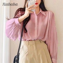 나바바 NB406 아르 주름 쉬폰 랜턴 소매 셔츠