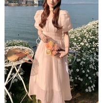 미쓰송 여성 퍼프소매 셔링 쉬폰 롱원피스