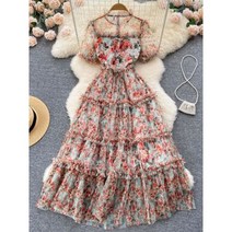 도트 여자정장원피스 베이지원피스 우아한 플레어원피스 여자용 여름 해변 드레스 반팔 꽃 프릴 얇은 명주 그물 메쉬 레이어 케이크 N5006148522