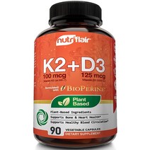 NutriFlair 식물 기반 비타민 K2 (Mk7) D3 (5000iu/125mcg) 비타민 플러스 바이오페린 90 캡슐, 90 Count (Pack of 1), D3 (5 000 IU) + K2