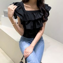 디작소 여성 여름 에프 캉캉이 프릴 블라우스 셔츠