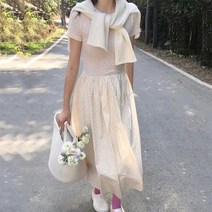 코지 제주도 잔꽃 반팔 셔링 플레어 롱원피스