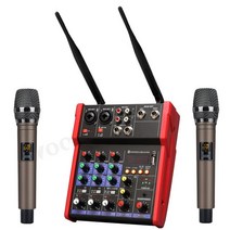 오디오 파워드 음향 아날로그 사운드 믹서 UHF 무선 마이크가 있는 미니 DJ 4 채널 블루투스 USB 48V 팬텀 전원에 적합한 녹음, 6.red microphone