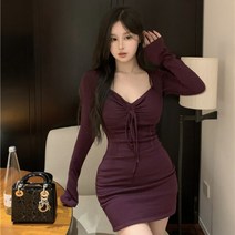 아라 브이넥 가슴 셔링 스트링 슬림핏 긴팔 미니 원피스