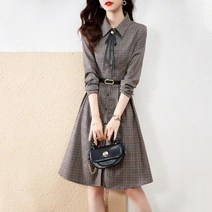 Amaethon 가을 하객 여성 오피스룩 롱 정장 체크 셔츠 원피스