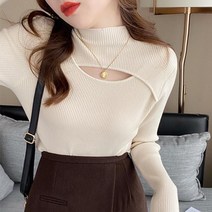 아이보리색니트 가슴트임 니트 하프문 컷아웃 여자봄 블라우스 반폴라