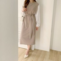 리엘라 서센트 소매 배색 허리끈 롱 원피스