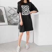 봄 여름 데일리 캐주얼 네모 체스 체크 B이니셜 레터링 반팔 박시핏 루즈핏 미디 원피스