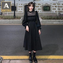 ANYOU 결혼식하객룩 프랑스 레이스 허리 드레스 여성의 가을과 겨울 디자인 하객원피스