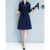 VDX960876여성 여름 간절기 허리 리본 얇은 카라 미디 원피스