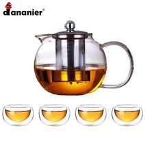 Dananier 내열유리 4인 다관 티포트세트 티포트 + 유리찻찬, 원형 스텐거름망 티포트세트-04, 500ml