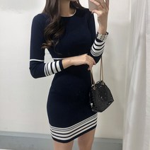베이시코 / 재진행 배색 스티치 미니 니트 원피스