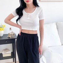 린다샵 으데팃 버튼 골지 크롭 반팔 티셔츠-T9382K23