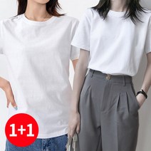 주디엘리 여성용 기본 라운드 반팔 무지 티셔츠 1+1