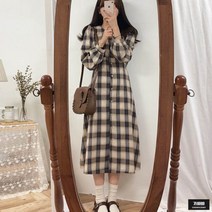 가바바 여성 셔츠원피스 복고풍의 체크패턴 브이넥 단추 롱원피스 G53822