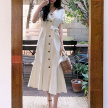 포린박스 머메이드 린넨 프릴 앞단추 화이트 롱 원피스 YJ