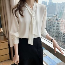 봄 한국판 루즈 리본 오피스 화이트 쉬폰 블라우스 여상 무드 OL