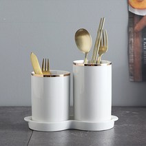 트래블앤쿡 클래식 골드림 2단 3단 물빠짐 수저통 화이트 조리도구 보관 정리, 세라믹받침 2구