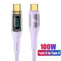 견고한 USAMS-USB C to USB c형 케이블 100W/66W LED 디스플레이 핸드폰 충전 6A PD 고속 코어 맥북 샤오미, 03 100W CABLE PURPLE_01 2m