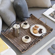 빵 디저트서빙 양손잡이 판판 라탄 트레이 테이블위 티백트레이 1인쟁반 손님대접용 커피쟁반 쟁반