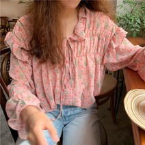 블라우스 여성 스위트 걸스 봄 꽃 짧은 쉬폰 프릴 버터 플라이 슬리브 v 넥 올 매치 트렌디 홀리데이 프레리 칙 레이디