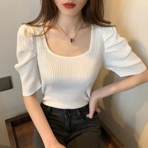 스퀘어넥 퍼프소매 여름 반팔니트 DHH-B110