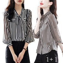 JUSTFEELING 1+1 75kg까지 빅사이즈 여성 티 셔츠 칠부 스트라이프 슬림핏 쉬폰 블라우스 가디건 상의