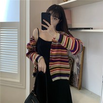 브이넥 긴팔 원피스 봄가을 계절 룩 여성 빅사이즈 무지개 색상 스웨터 가디건투피스 뚱뚱한 2488477433