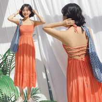 핑크비치 홀터넥 밴딩 비치원피스 백리스 스트랩 여름 롱 원피스