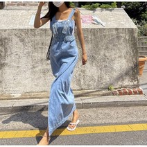 페미닌 멜빵 롱 치마 앞 트임 캐주얼 데님 원피스 연청 점프수트