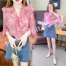 여성 화려한 블라우스 러플 쉬폰 7부 소매