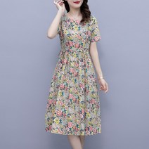 나드리 여자 라운드넥 면 허리끈 A라인 플라워 원피스
