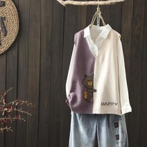 여성 조끼 베스트 봄과 가을 간단한 색상 일치 니트 야생 v 넥 만화 패턴 니트 스웨터