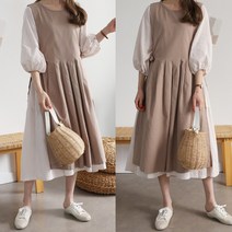 하늘바라기 여성용 라운드 코튼 레이어드 원피스