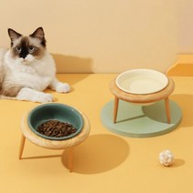 펫트너스 UFO 강아지 밥그릇 고양이 식기 세라믹 도자기 원목 높이 조절, 중형, 민트