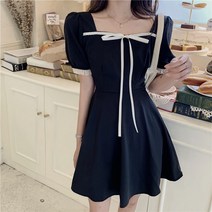 RW7LBXW1 여성 여름 반팔 퍼프 리본 미니 원피스