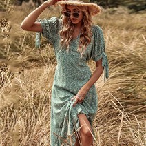 보헤미안 스타일 원피스 브이넥 하이웨이스트 그린 프린트 캐주얼 드레스