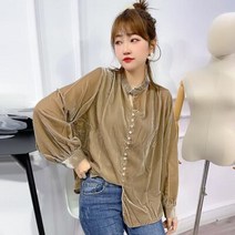 여성 캐주얼 럭셔리 스탠드 칼라 스플릿 셔츠 녹색 실크 벨벳 단추 겨울 상품