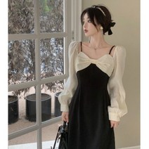 여성 빅사이즈 M-4XL 리본 장식 오프숄더 겸 스퀘어넥 끈 롱 원피스