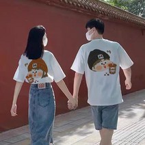 1+1 커플 여름 반팔 티셔츠 오버핏 라운드넥 빅사이즈 캐릭터 부부 티셔츠
