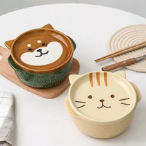 유미코 일식 뚜껑있는 라면그릇 귀여운 예쁜 시바견 고양이 도자기 손잡이 그릇 760ml, 삼색 고양이