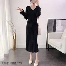 JUST FEEL!NG 여성 가을 롱원피스 허리 여밈 브이넥니트원피스 슬림핏 스판 청순긴원피스 겨울원피스