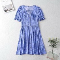 2021 홀리데이 블루 플로랄 프린트 여성 드레스 가정용된 코튼 V 넥 Vestidos 빈티지 반팔 여름 드레스