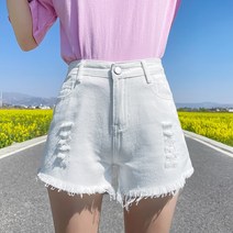 Baiwife 찢어진 반바지 얇은 하이 웨이스트 루즈한 청바지