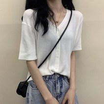 스타일아유 여성 여름 예술핏 골지 슬림 반팔가디건 라운드넥 크롭반팔티 니트 숏 카디건 단추 티셔츠