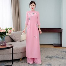 2021 여성 aodai 베트남 전통 의류 ao dai 플라워 프린트 qipao 드레스 세트 개선 cheongsam
